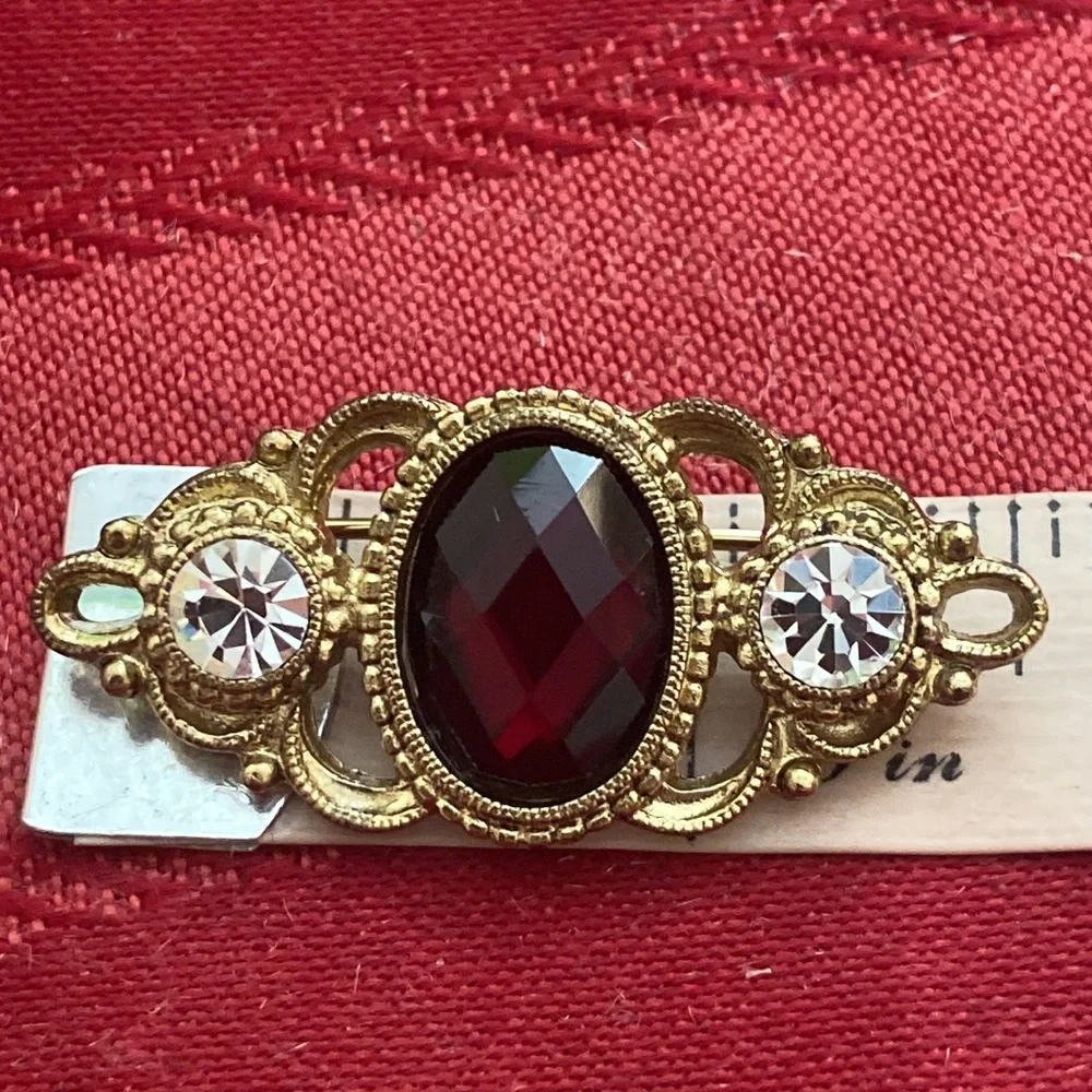 Vintage 80s 1928 Brand Victorian Revival Red & Clear Rhinestones Bar Broach